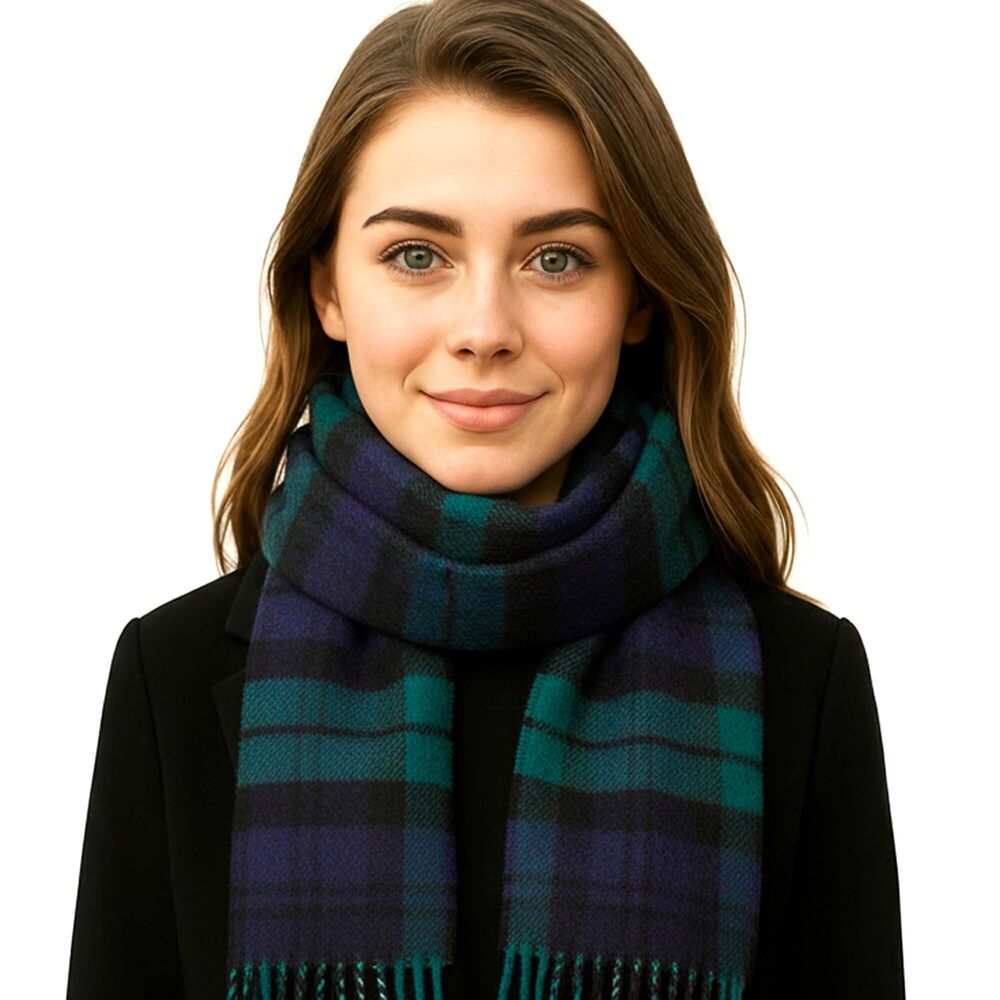 9588 100% Irish Wool Scarf & , Soft & Warm, Plaid Tartan Blackwatch, 12" x